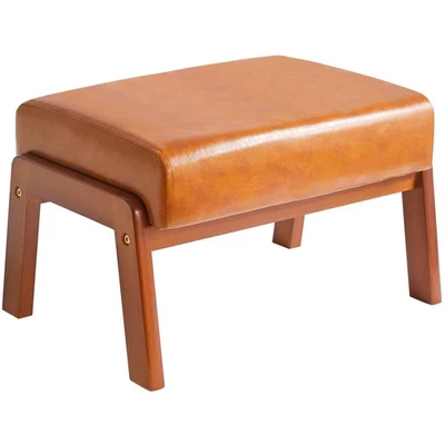 Rechteckiger Fußhocker aus Kunstleder mit Holzbeinen in Gelblich-Braun - Bild 1 von 2