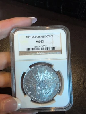 1860-Mo CH NGC MS 62 Mexico 8 Reales Mint State Cap Rays Silver Coin - Image 1 of 4