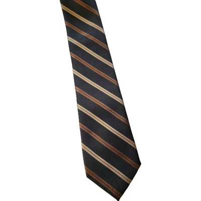 JF J Ferrar Mens Skinny Neck Tie Brown Striped Polyester  - Image 1 of 4