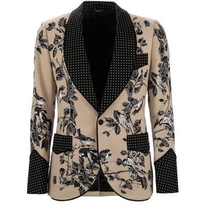 DOLCE & GABBANA Baroque Birds Print Linen Tuxedo Jacket Blazer Beige Black - Image 1 of 4