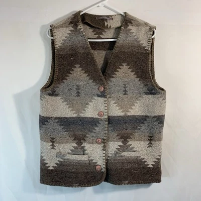 Винтажный женский жилет средний коричневый ацтекская шерстяная смесь ковбойский юго-западный 90-е альпака - Изображение 1 из 4