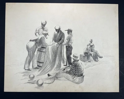 James Merrick Vtg Drawing Men Mending Fishing Nets 11x14” Unsigned Fine Art - Image 1 of 4
