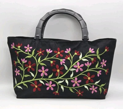 Embroidered Flowers Black Cotton Purse Hand Bag Plastic Top Handles VTG 80s  - Image 1 of 4