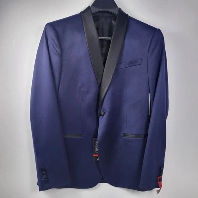 JF J Ferrar Mens Blue Navy Shine Blazer Slim fit 38R Evening Edition Black Lapel - Image 1 of 4