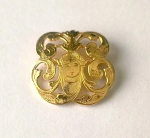Broche de cara de diosa grabado en plata de ley dorada firmado de colección - Imagen 1 de 4
