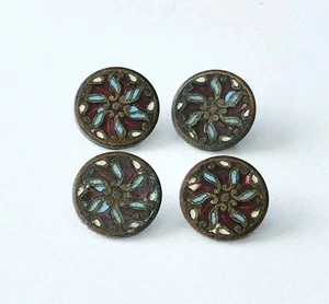 Antique Cloisonné Shank Buttons Brass Floral Blue, Red Enamel 4 Pcs 17.9 mm - Picture 1 of 7
