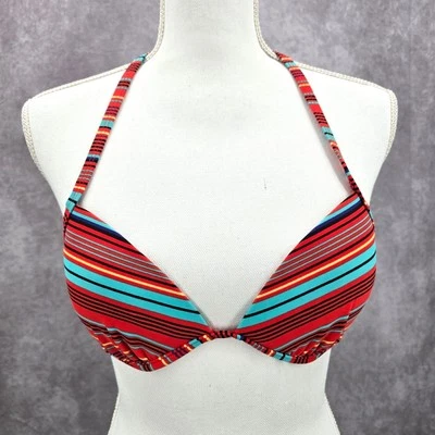 Xhilaration Red Blue Stripe Padded String Hook Wired Bikini Top Swimwear Medium - Image 1 of 4
