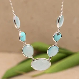 Collana turchese e calcedonio 16+2" argento sterling 925 gioielli regalo di... - Foto 1 di 4