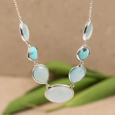 Collana turchese e calcedonio 16+2" argento sterling 925 gioielli regalo di... - Immagine 1 di 4