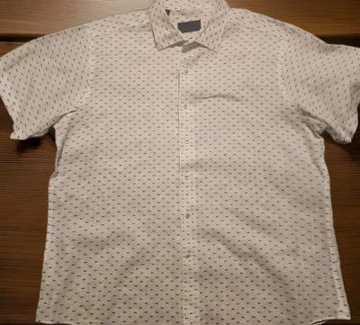David Donahue Shirt White Blue Fish Geometric Linen Blend Short Sleeve Mens XL - Image 1 of 4
