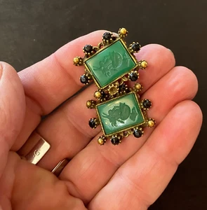 Vintage 60's large green gem Intaglio Cameo Earrings Clips Etruscan Revival - Picture 1 of 9