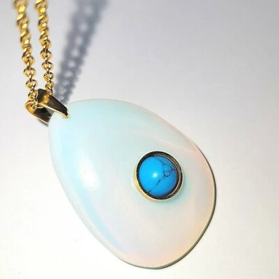 NEW Opalite Pendant/Necklace w/Turquoise Howlite   ION Plated YG Stainless Steel - Image 1 of 4