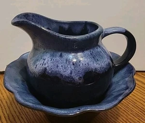 Sheffield Pottery Pitcher And Bowl Blue Drip Marked 7"×9" - Picture 1 of 15