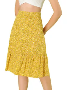 Allegra K Women's Floral Ruffle Hem High Waist A-Line Midi Skirt - Picture 1 of 7