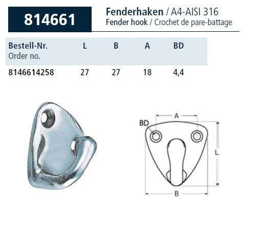 Marine Fenderhaken Edelstahl A4 Fenderhalter Kleiderhaken Wandhaken 81466