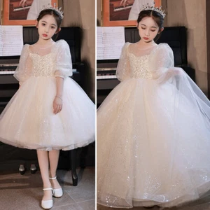 Illusion Neck Glitter Tulle Tutu Maxi Long Ball Gown Dress Princess Flower Girl - Picture 1 of 11