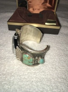 Jules Jurgensen Vintage Navajo Sterling Silver Turquoise Watch Cuff Bracelet - Picture 1 of 12