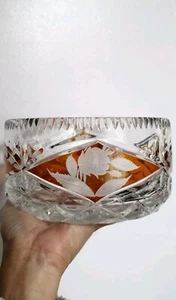 Vintage Clear / Amber Cut To Clear Crystal Glass Bowl, Floral Design - Picture 1 of 19
