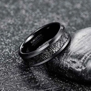 Black Meteorite Ring, Tungsten Wedding Band, Mens Wedding Band, Wedding Ring - Picture 1 of 5
