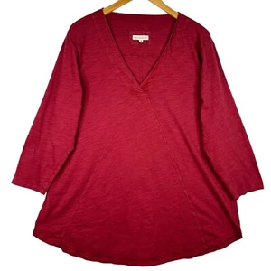 Mododoc Tunic Top Slub XXL Burgundy V-Neck 3/4 Sleeve Lagenlook Boho Stretch - Picture 1 of 11