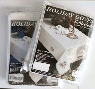 Christmas Stamped Embroidery Tablecloth 58x90 Napkins Kit Tobin Holiday Doves - Image 1 of 4