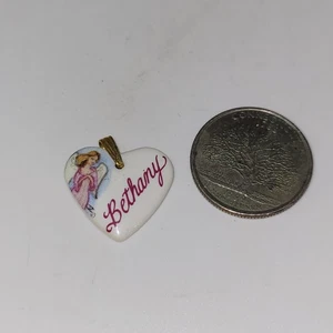 Bethany Heart Shaped Kiln Fired Porcelain Metal Bail Pendant ~ Angel graphic  - Picture 1 of 3