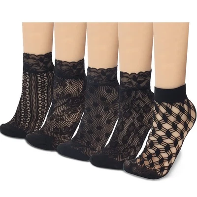 Calcetines tobilleros de red de encaje para mujer - 5 pares de calcetines de malla negra con volantes de red Foto 1 de 4