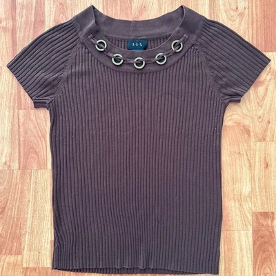 Blusa Camisa Top Vintage Y2K Marrón Acanalado Tejido Manga Corta Mediana Foto 1 de 4