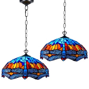 2x Tiffany Style 16" Pendant Lamps Dragonfly Multicolor Stained Glass Shades - Picture 1 of 17