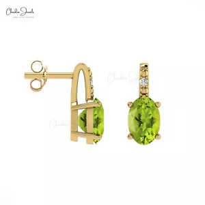 Prong Set 6x4mm Oval Cut Peridot Earrings 14k Solid Gold Diamond Accents Stud - Picture 1 of 22