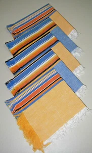 5 Vintage Napkin Woven Fringed Fabric Cotton Striped Multicolor Yellow/Blue MCM - Picture 1 of 8