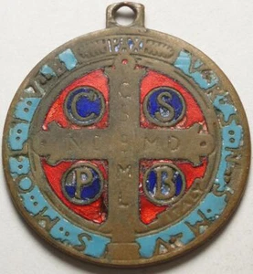 SAINT BENEDICT katholische "MEDAILLE" bunte "CLOISONNÉ KUNST" lang als SCHMUCK GETRAGEN - Bild 1 von 2