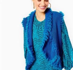 Lilly Pulitzer Torini Vest Knit Faux Fur Trim Sz L Teal Blue NWT Orig. $258 - Picture 1 of 5