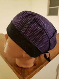 GLITTER PURPLE STRIPES WITH BLACK GLITTER BAND pixie style surgical scrub hat - Picture 1 of 2