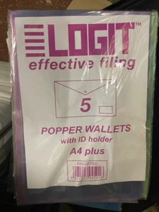Logit A4 Document Wallets Assorted Colours Plastic Popper Press Stud Files 5x3 - Picture 1 of 1