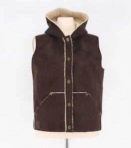LAUREN RALPH LAUREN Women's Faux Suede Sherpa Lined Hooded Button-Front Vest L - Picture 1 of 9