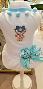 XS Tea Cup Yorkie Puppy Pomeranian Poodle Chihuahua White Pompom Bear Bow Dress - Picture 1 of 3