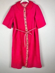 Vintage 1950's-60's Hot Pink Fleece Barbie-ish Robe Embroidered Satin Trim - Picture 1 of 6