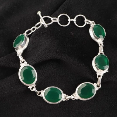 Pulsera de joyería de plata de ley 925 hecha a mano con piedras preciosas de ónix verde regalo para Foto 1 de 3