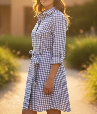 Vestido Camisa D.Dream Atelier Azul Guinga Cuadros Botones Pestaña Enrollable Manga Larga M Foto 1 de 4