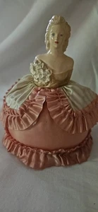 Antique Vintage Chalkware Doll Hat Pin Cushion Pink & Ivory Satin Lace Dress ECU - Picture 1 of 14