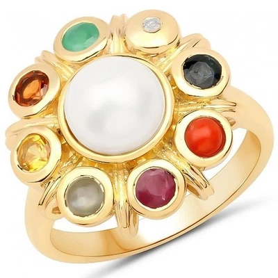 Women’s Pearl & Ruby Sapphire Emerald Diamond in 18K Yellow Gold Over SS Ring - Image 1 of 3