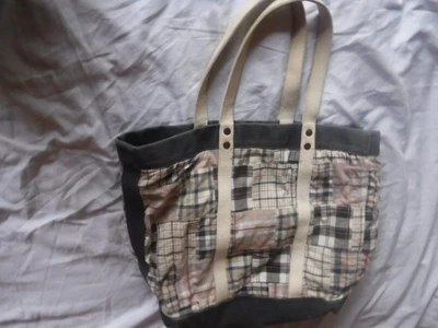 Bolso de Playa J Crew Gris Lona Cuadros Patchwork Foto 1 de 4