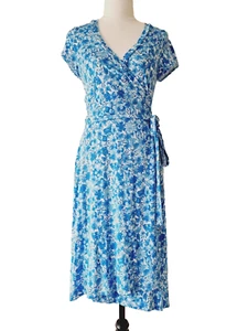 REVIEW Blue Floral Short Sleeve Jersey Wrap Dress SIZE 8 - Foto 1 di 5