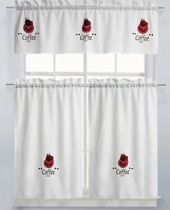 Embroidered Kitchen Window Curtains Set:2 Tiers & Valance(56x15") COFFEE TIME,RH