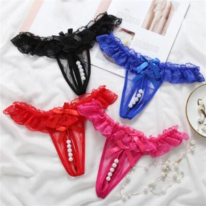 Women Sexy Lace Thongs Panties Open Crotch Crotchless Underwear Pearl G-string - Zdjęcie 1 z 17