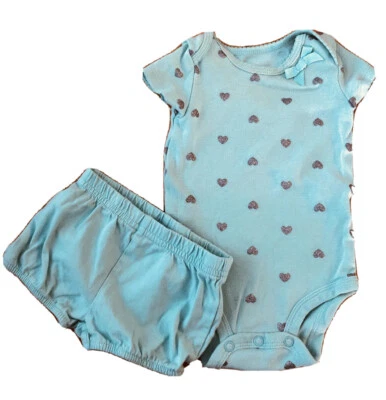 JUST ONE YOU 2 piezas Traje a Presión Mameluco Pantalones Cortos Verde Pálido Brillo Corazones 3mos Bebé Foto 1 de 4