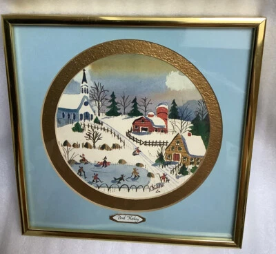 "Акварельная печать в рамке Hilda Kaihlanen народное искусство ""хоккей на пруду"" 8,5 x 8,5" - Изображение 1 из 4