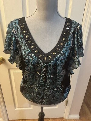 Heart Soul 女式佩斯利蓝黑色衬衫,尺寸 M — 第 1/3 张图片