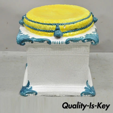 Italian Regency Yellow Blue Glazed Terracotta Greek Key Garden Seat Side Table Cover